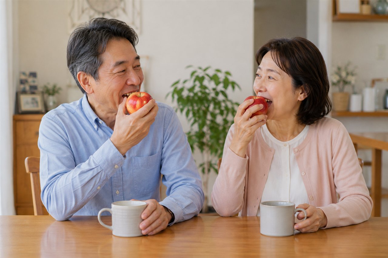 よく噛める入れ歯でリンゴを丸かじりして笑顔の中高年ご夫婦